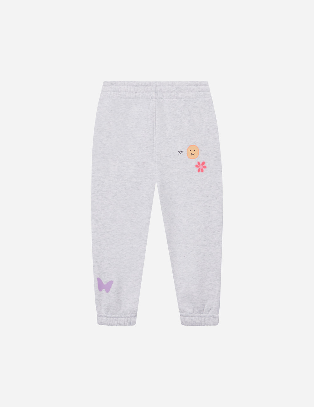Kids gray sweatpants with elastic cuff hems and smiling face plus bow print