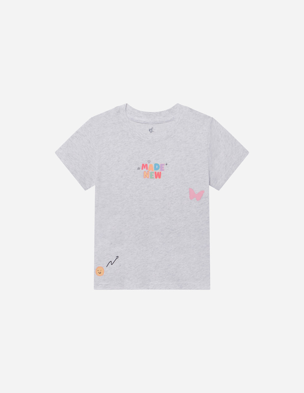 Kids grey graphic tee with 'MADE NEW' text and small pink crown motif