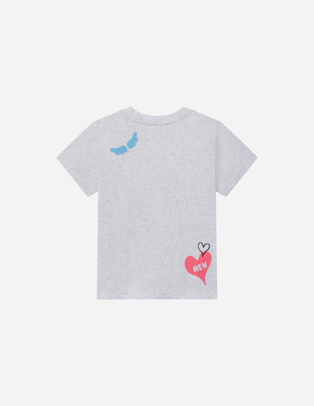 Kids grey graphic tee with blue dinosaur and red heart 'NEW' patch