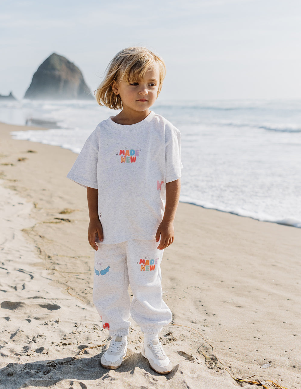 Kids grey tee set with 'MADE NEW' chest print and colorful heart details