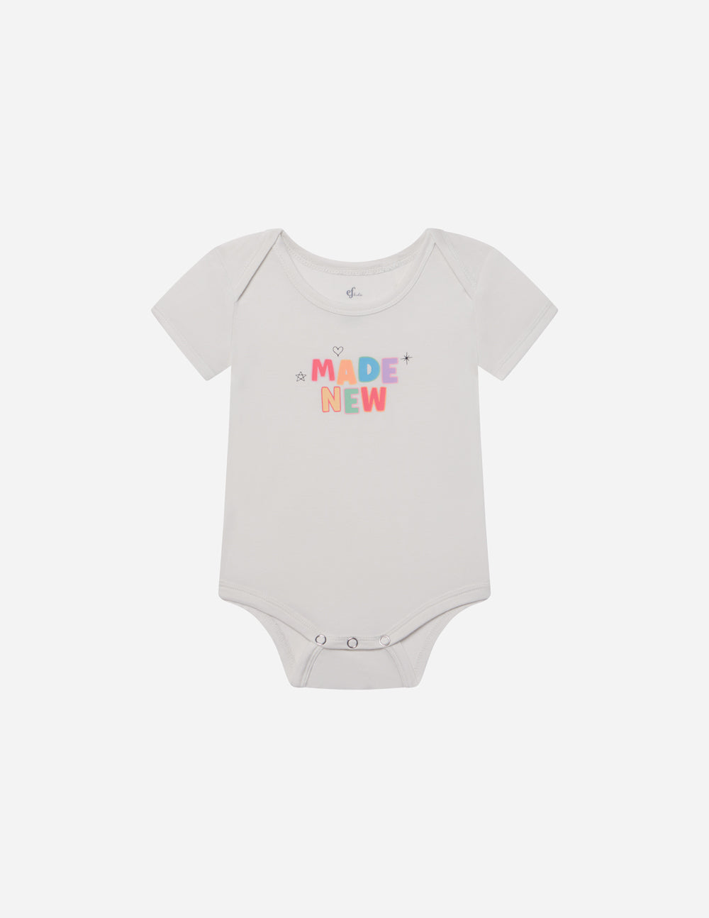 White baby onesie bodysuit with short sleeves and "MADE NEW" logo