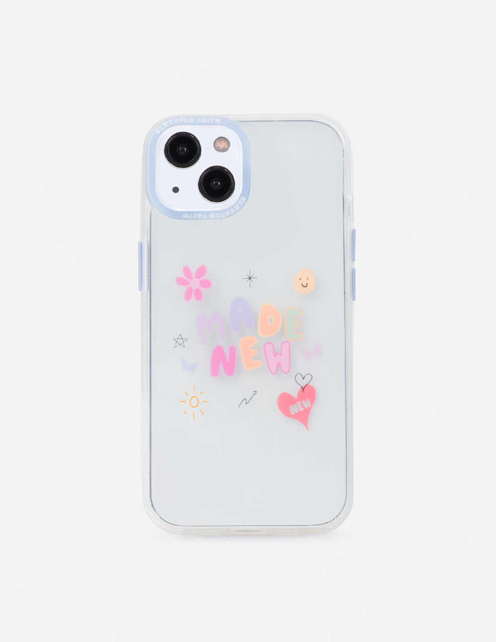 Light blue phone case with 'MADE NEW' lettering, flower icons, clear border
