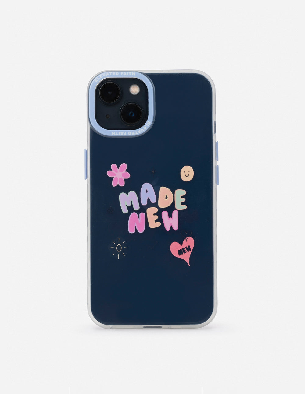Dark blue phone case with 'MADE NEW' lettering and flower icons, clear border