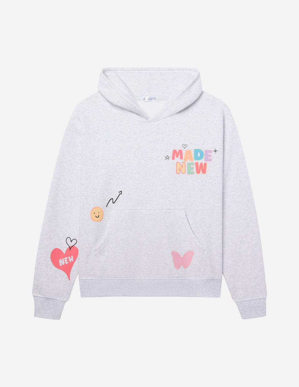 Light gray unisex hoodie front view with hood, pouch pocket, and "Made New" chest print