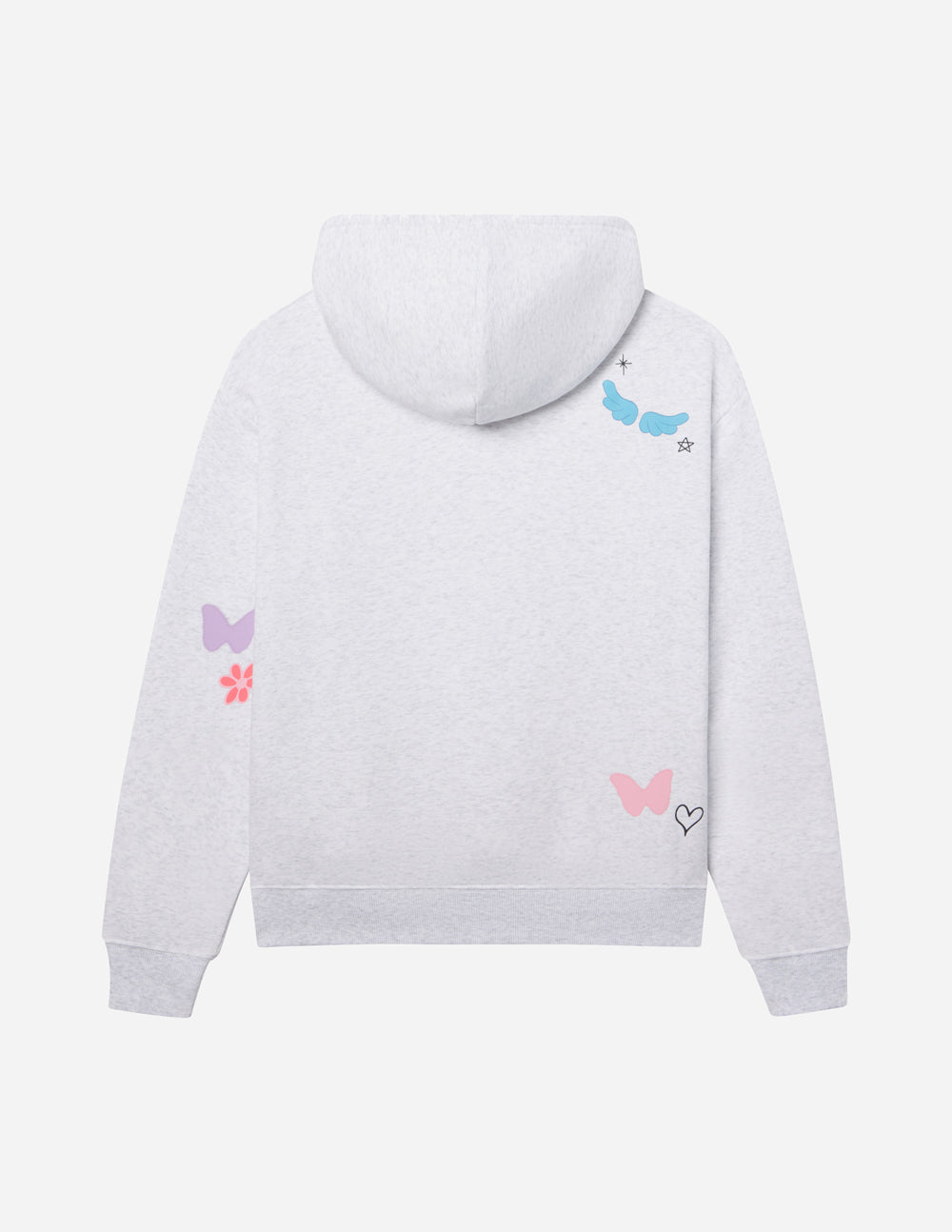 Light gray unisex hoodie back view with hood and small colorful butterfly and heart prints