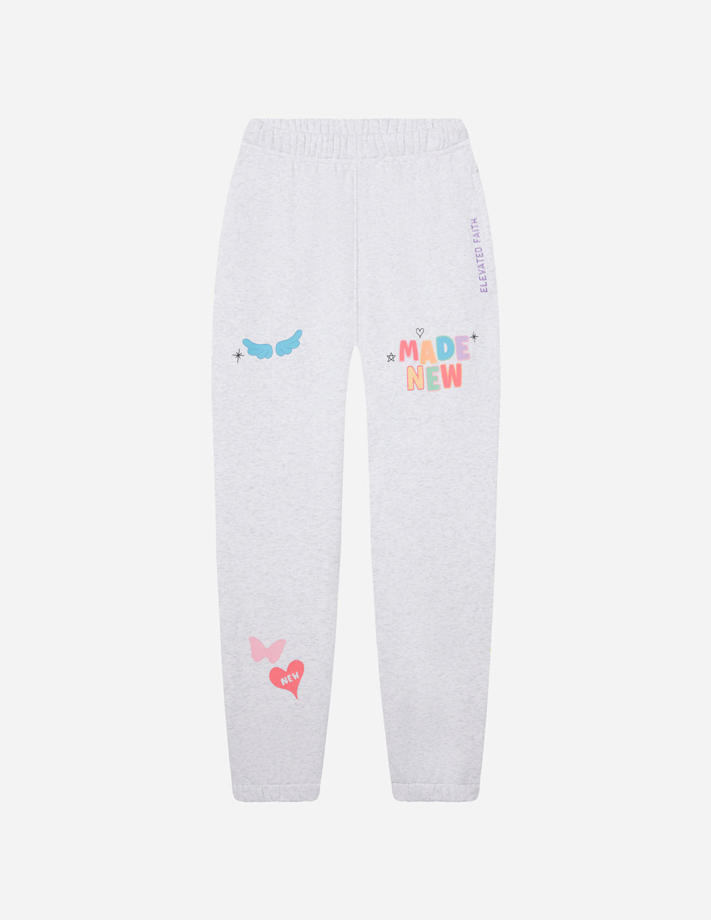 Light gray sweatpants with ankle cuffs and small cartoon and MAD NEW logo prints