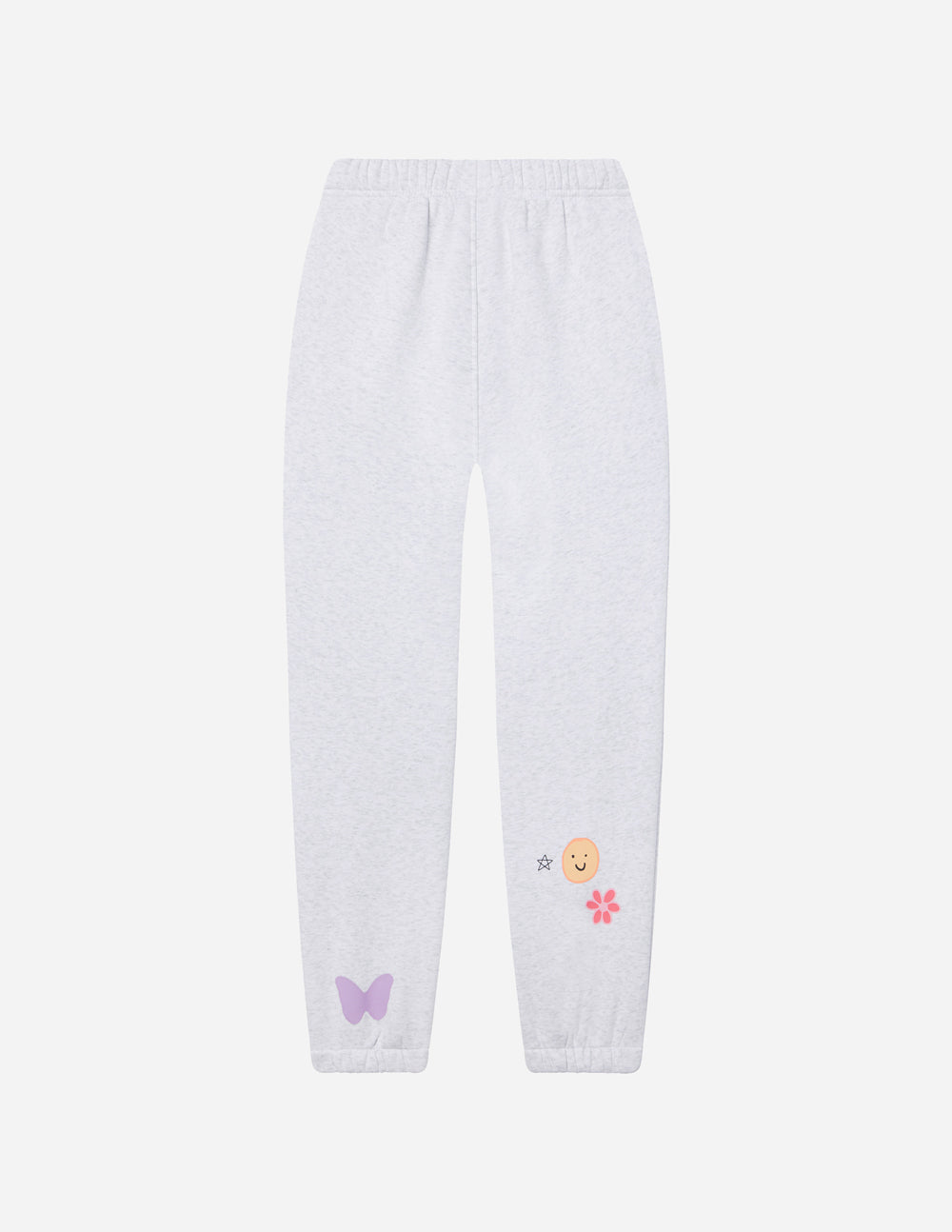 Light gray unisex sweatpants with heart and smiley prints on the lower leg