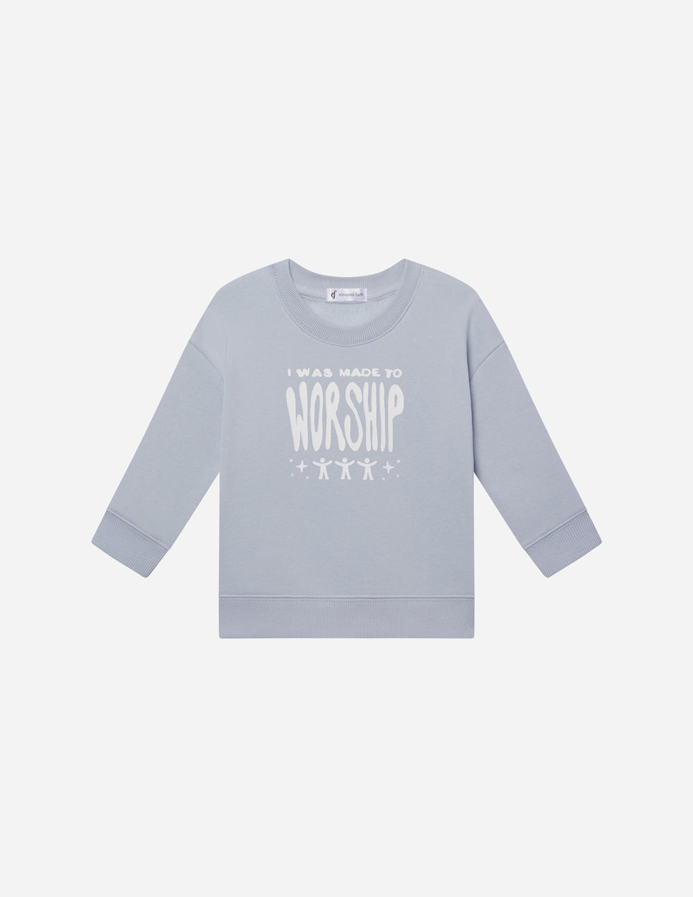 Kids crewneck sweatshirt, light blue; centered “worship” graphic, 3/4 sleeves