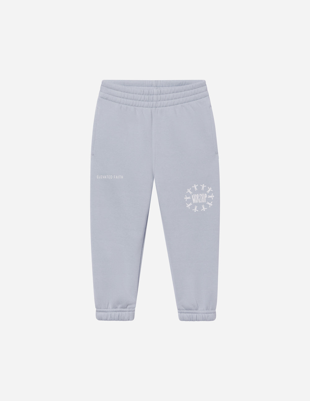 Kids light blue sweatpants flat view, elastic waist, circular logo print