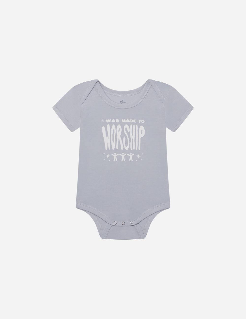 Light gray baby short-sleeve onesie with 'WORSHIP' front graphic