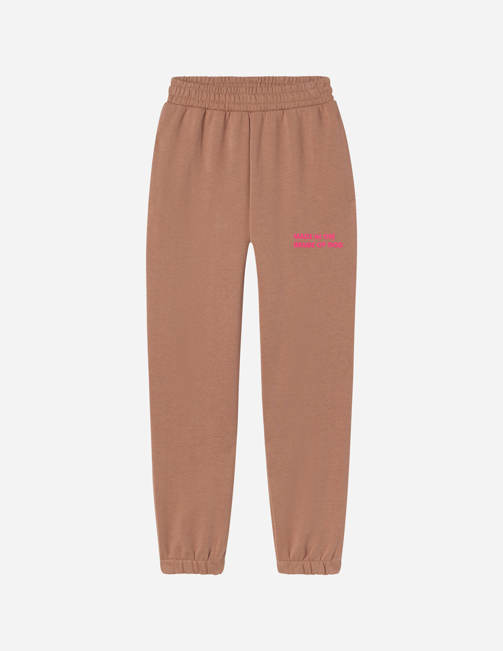 Brown unisex sweatpants flat view with elastic waistband and ankle cuffs