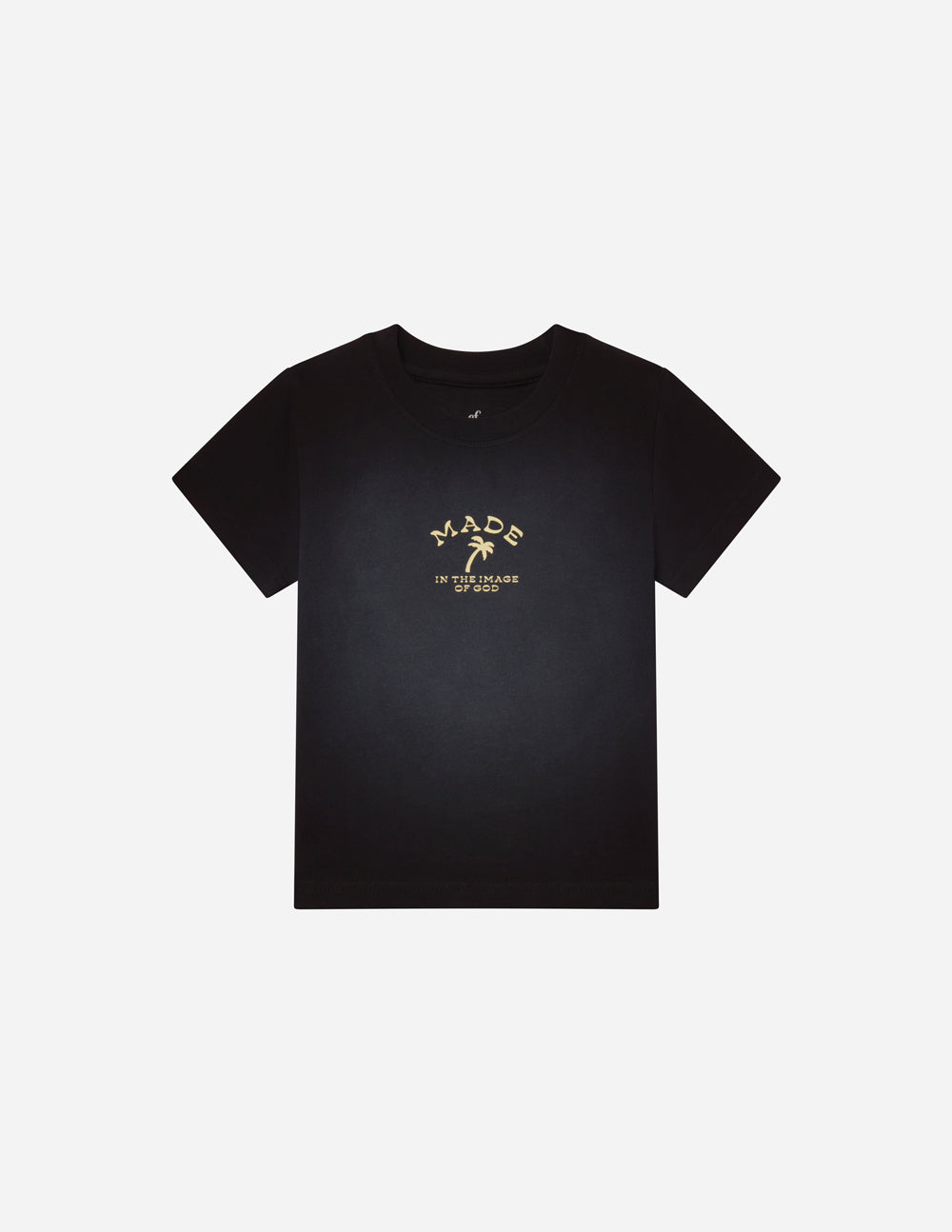 Black kids graphic tee with gold sun rays and 'IN THE IMAGE OF GOD' print