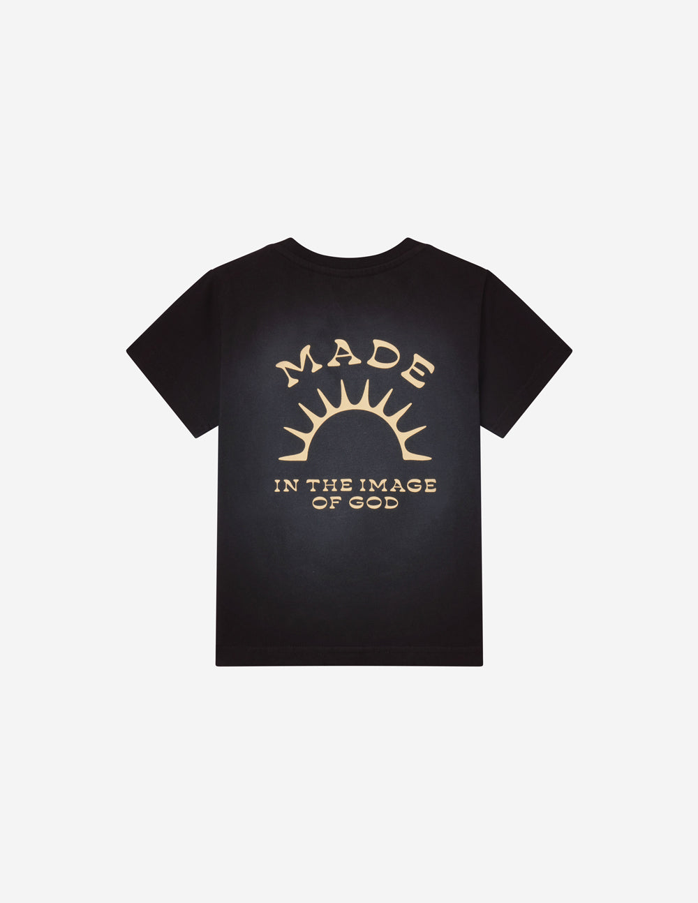 Black kids graphic tee with large gold 'MADE' sunburst and 'IN THE IMAGE OF GOD'