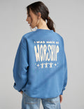 Blue unisex crewneck sweatshirt with worship back graphic print