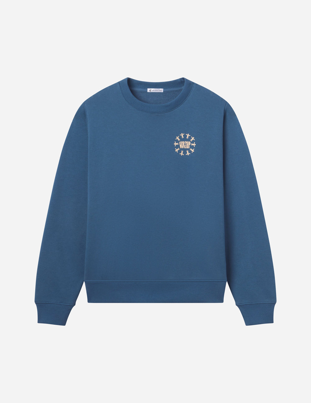 Blue unisex crewneck sweatshirt, small front logo graphic with cross symbols