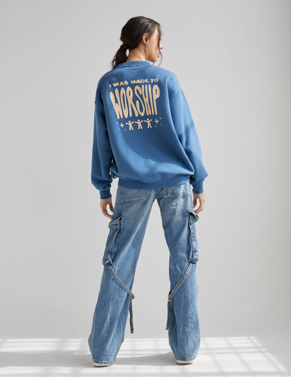 Blue unisex crewneck sweatshirt with worship back graphic