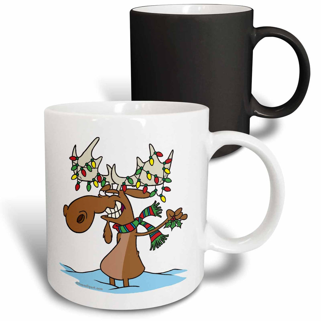White and black two-mug set; white mug shows cartoon moose with Christmas lights