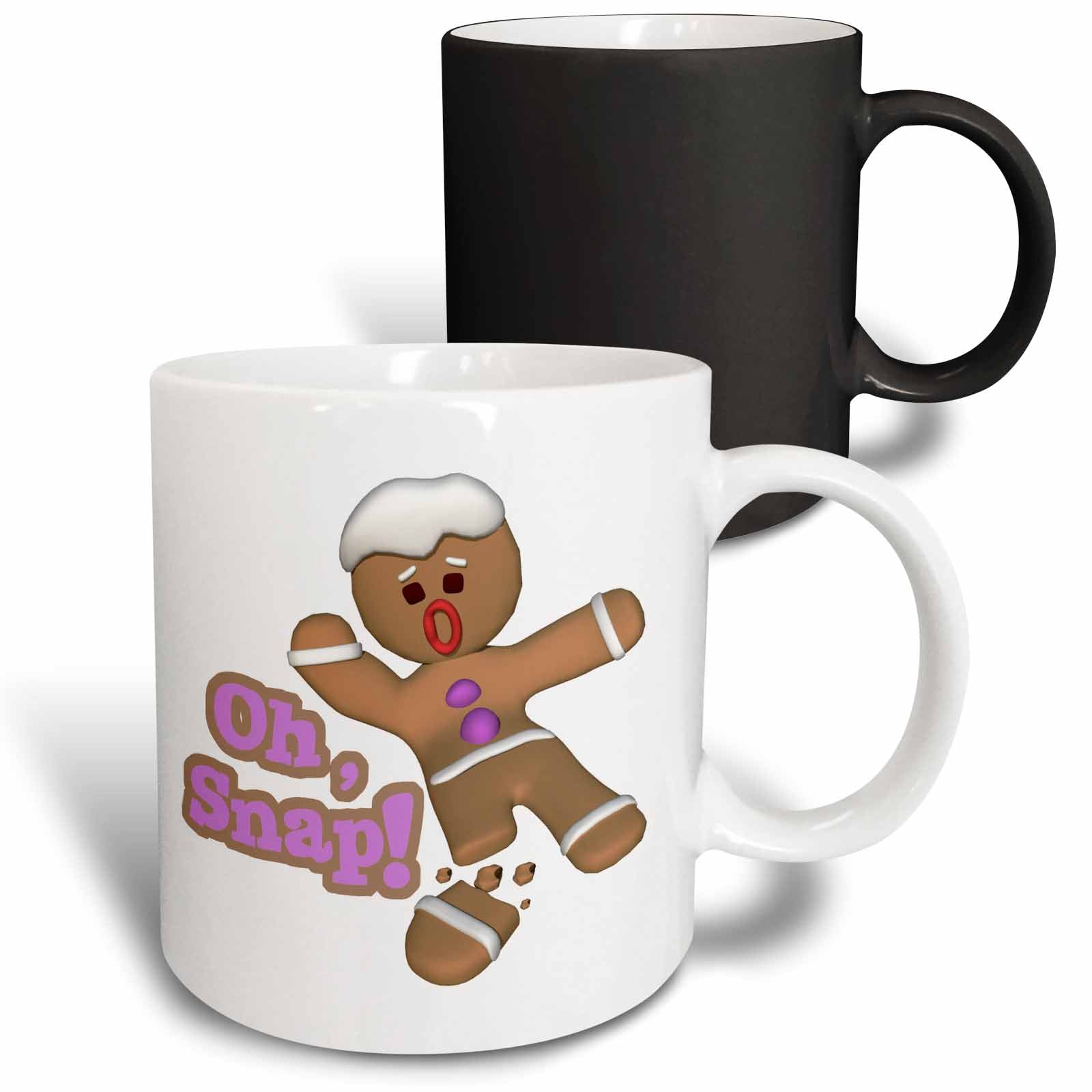 Two mugs together: white gingerbread “Oh Snap!” mug with dark mug behind