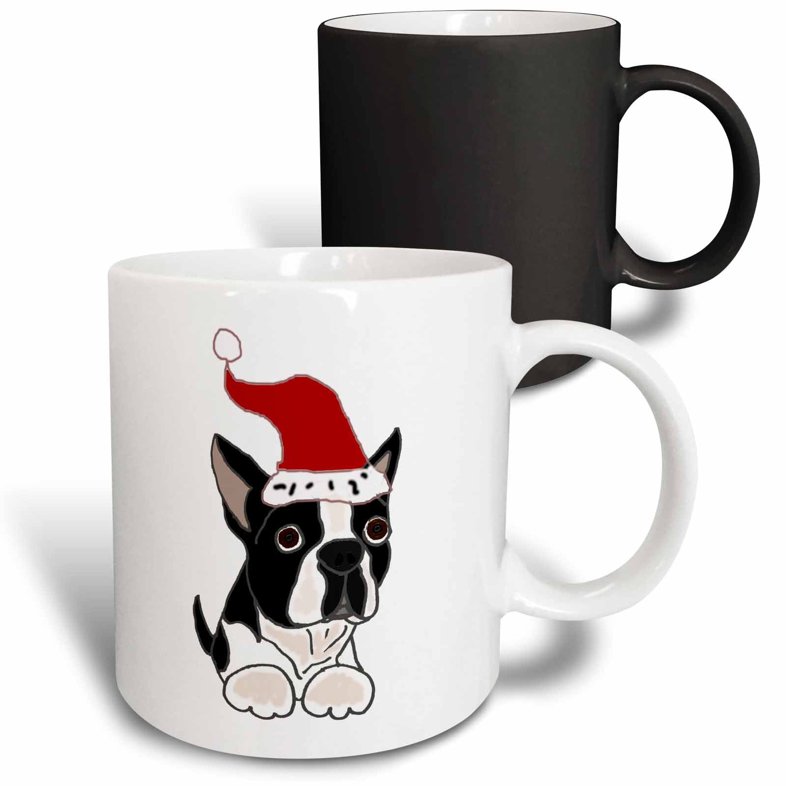 Pair of two-tone mugs: white and black, each with a Boston Terrier in a red Santa hat
