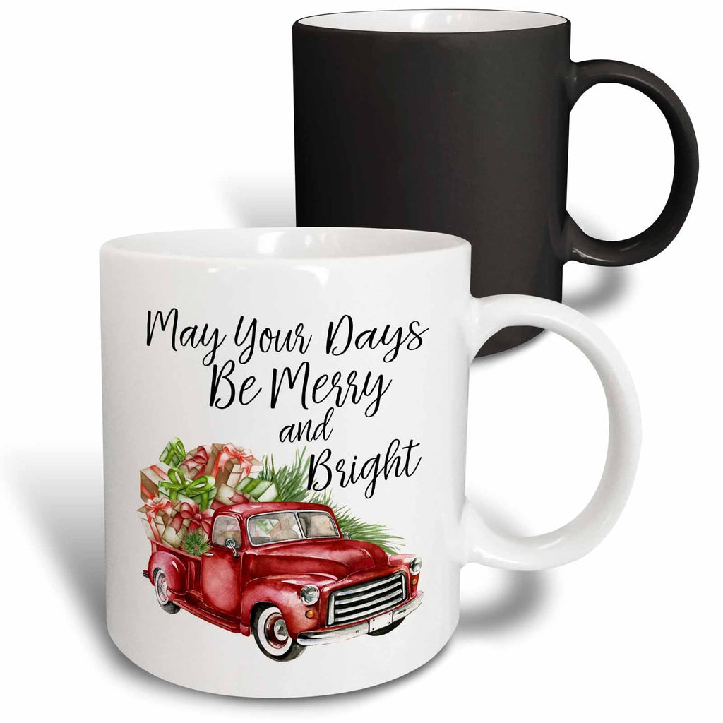 Stack of two mugs: white front with red truck text and dark mug behind
