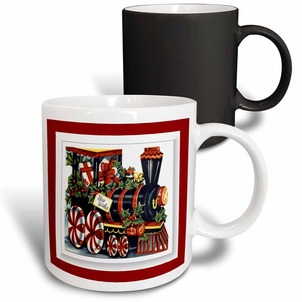 Two mugs: black and white two-tone with Christmas train graphic and red border