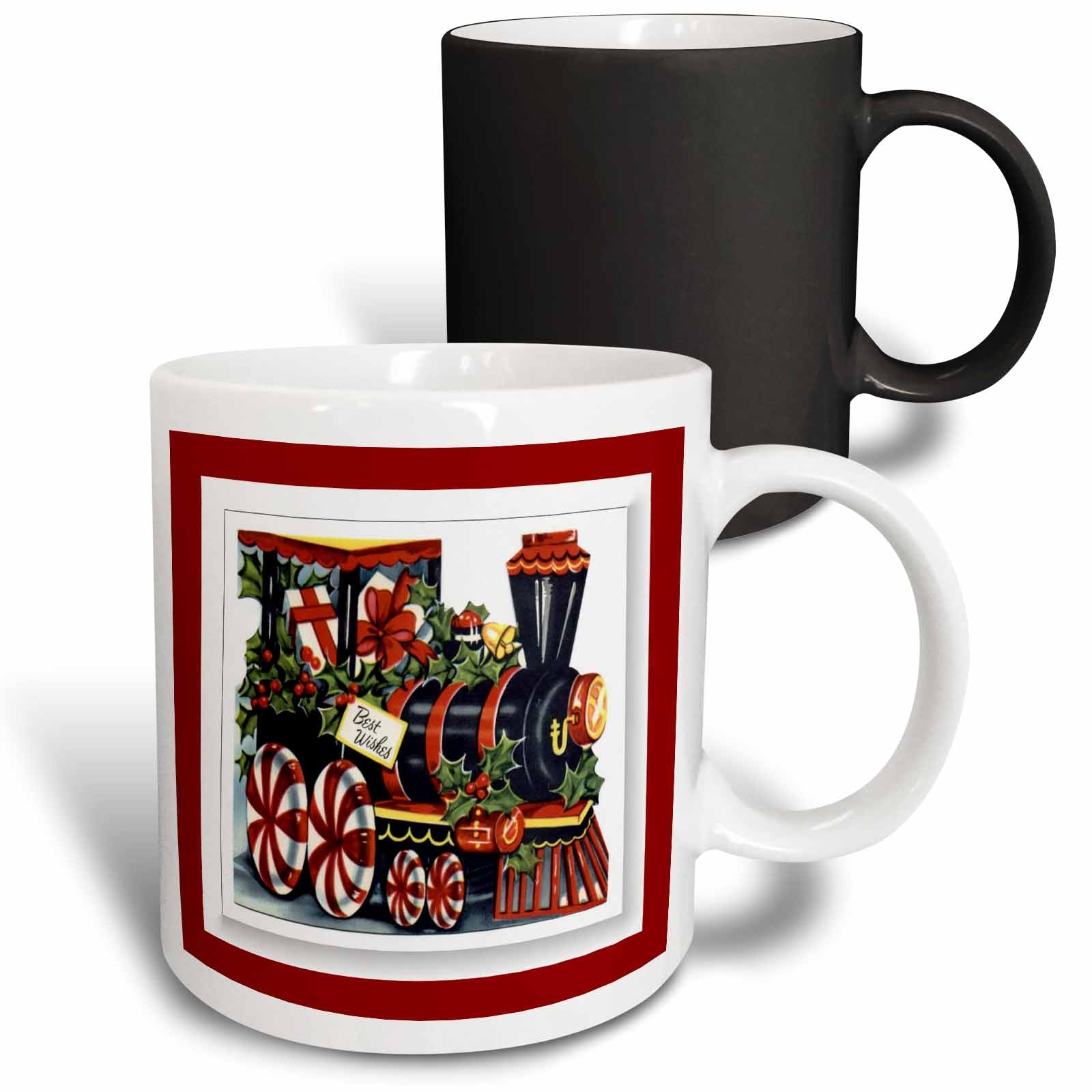 Two mugs: black and white two-tone with Christmas train graphic and red border