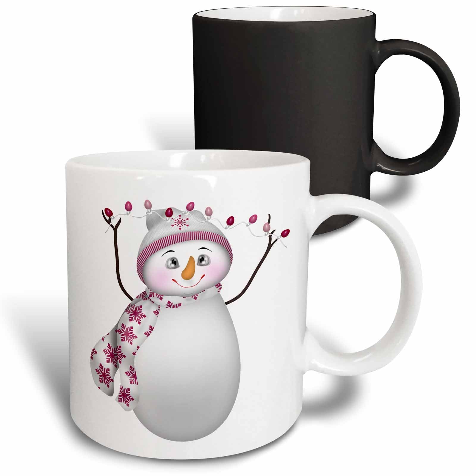 Two stacked mugs: white snowman mug in front, black two-tone mug behind