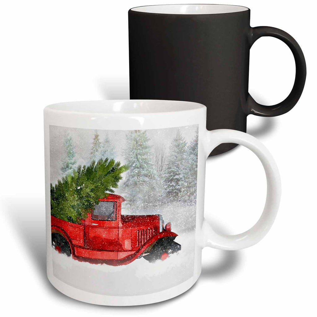 Two ceramic mugs stacked: white mug in front and black mug behind with red truck design