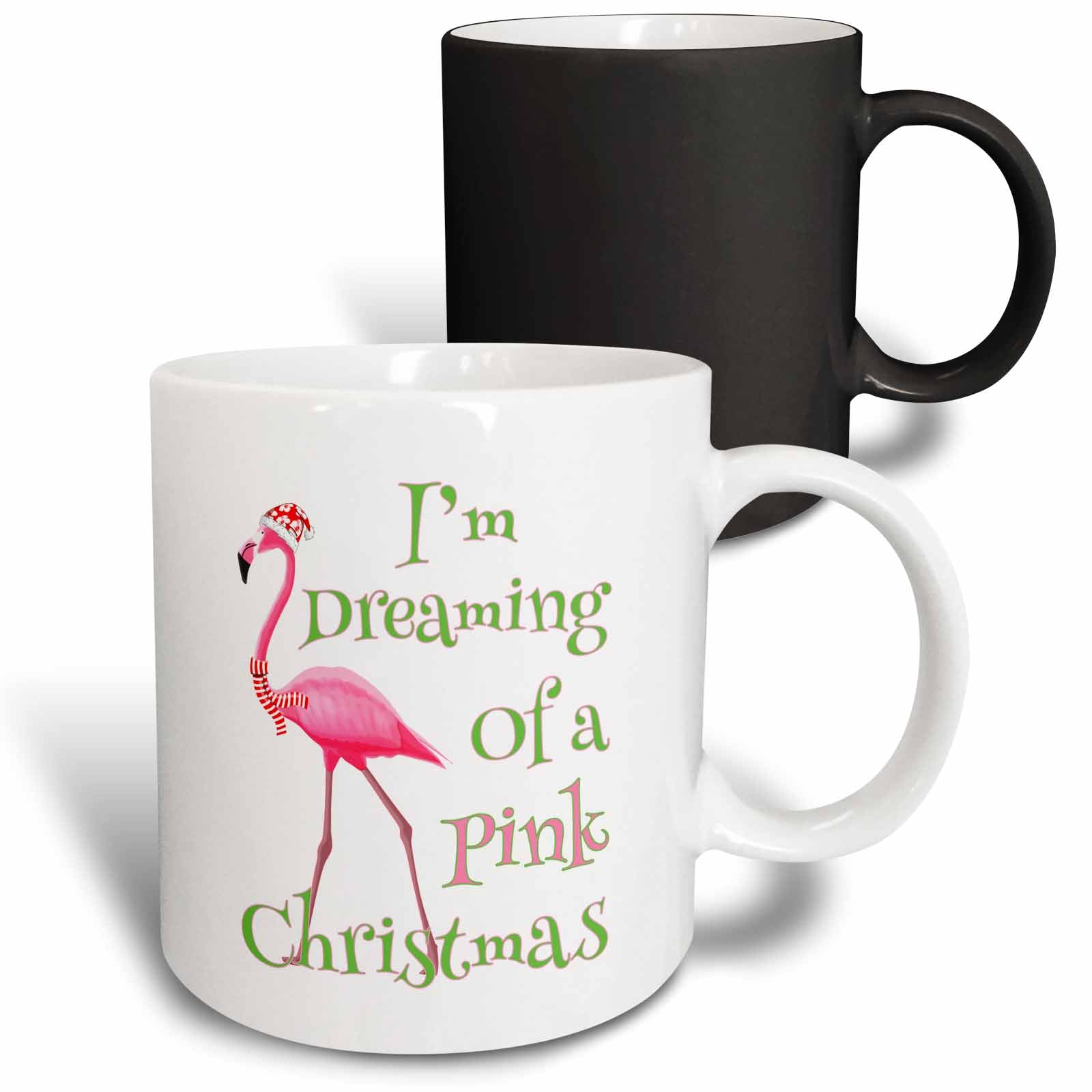 Pair of mugs: white with pink flamingo text and black mug stacked behind