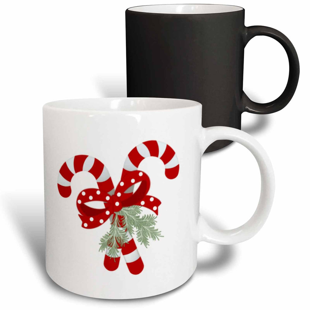 Stacked white and black two-tone ceramic mugs with crossed peppermint candy cane graphic