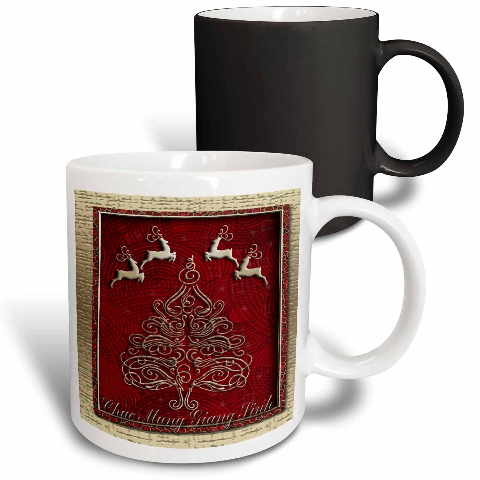 Two mugs: red reindeer Christmas mug in front with black mug behind