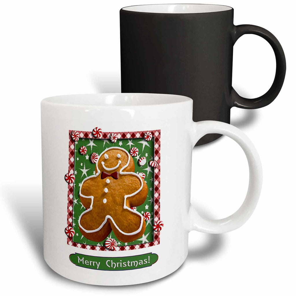 Two-tone mug set: black and white mugs with gingerbread man and “Merry Christmas!”