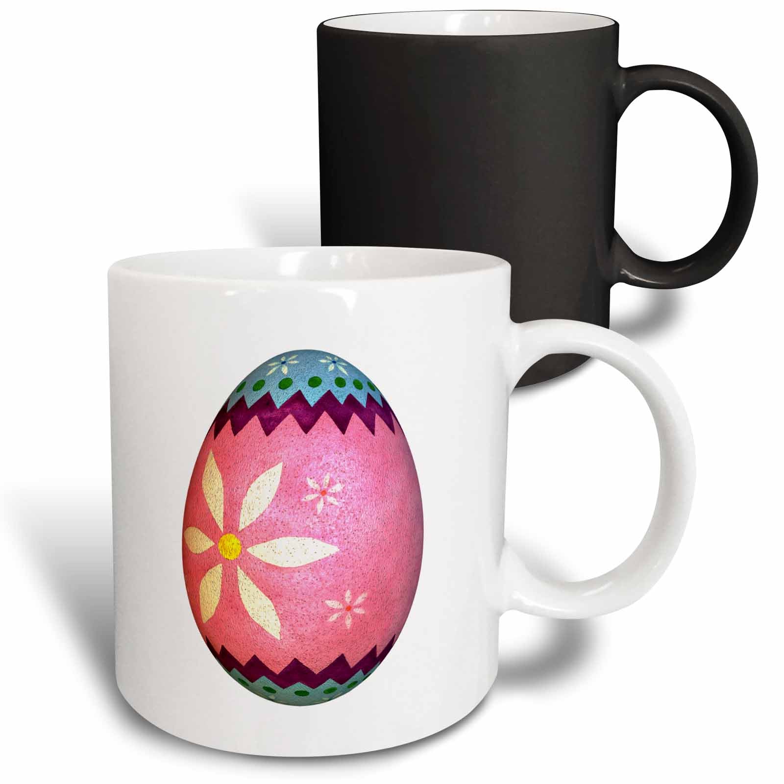Two-tone black and white mug set with pink Easter egg graphic