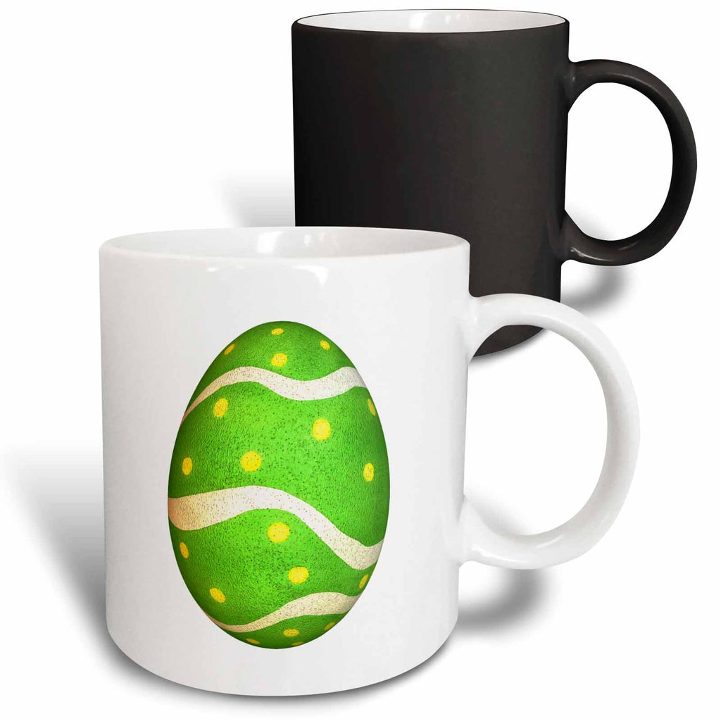 Stacked mugs: white mug front and black mug behind, both with green egg graphic