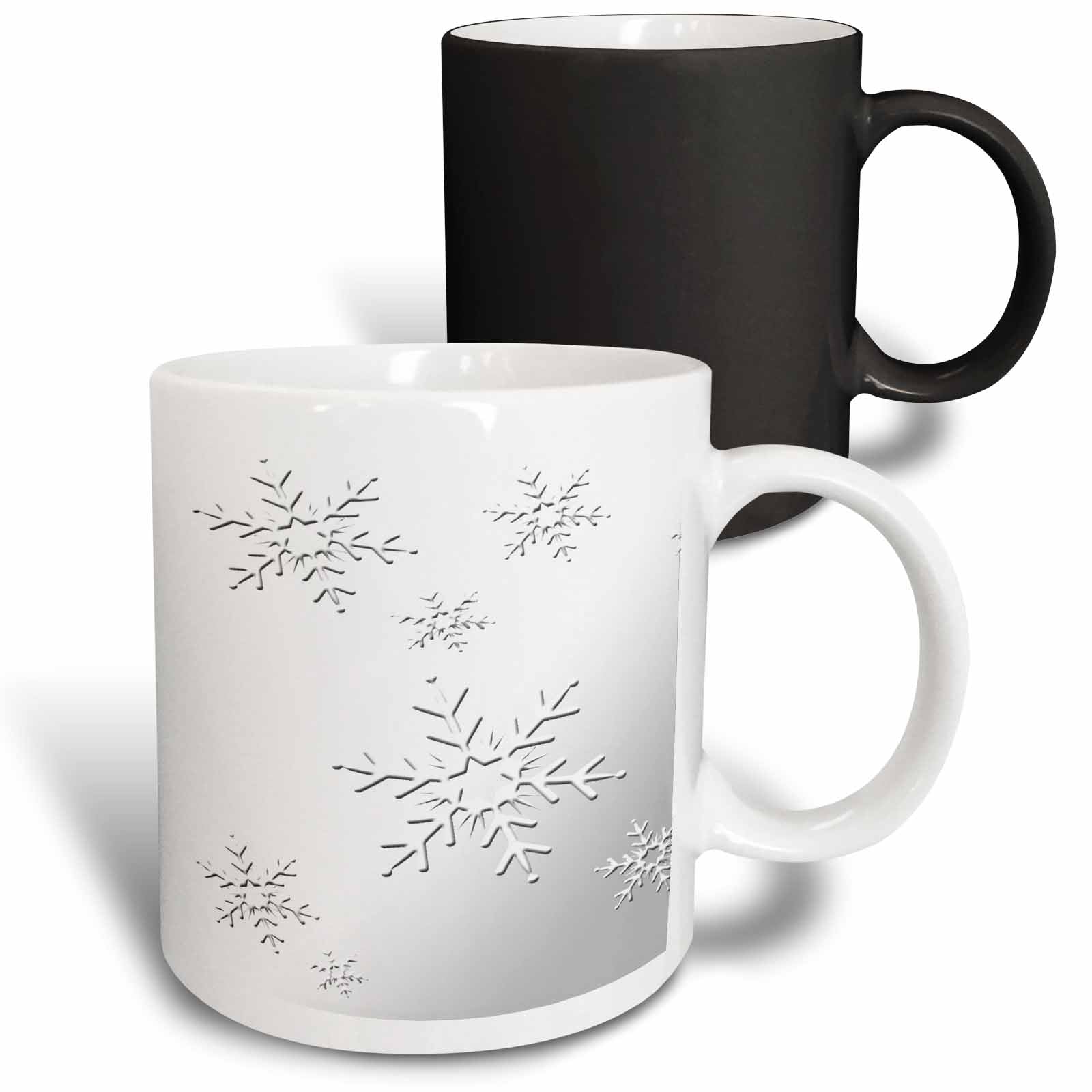 Two-pack of mugs: white front mug with snowflakes and dark back mug