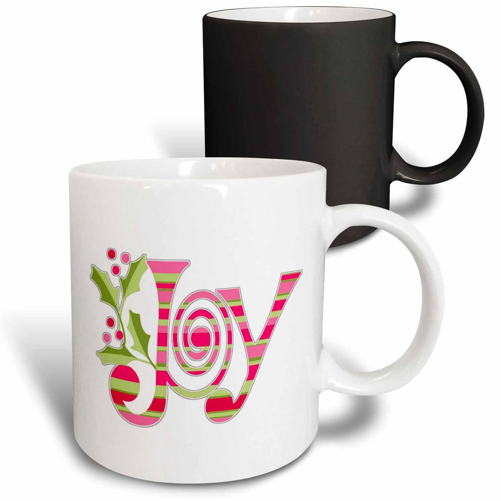 Set of two mugs: white mug and black mug with pink-and-green holiday “Joy” design