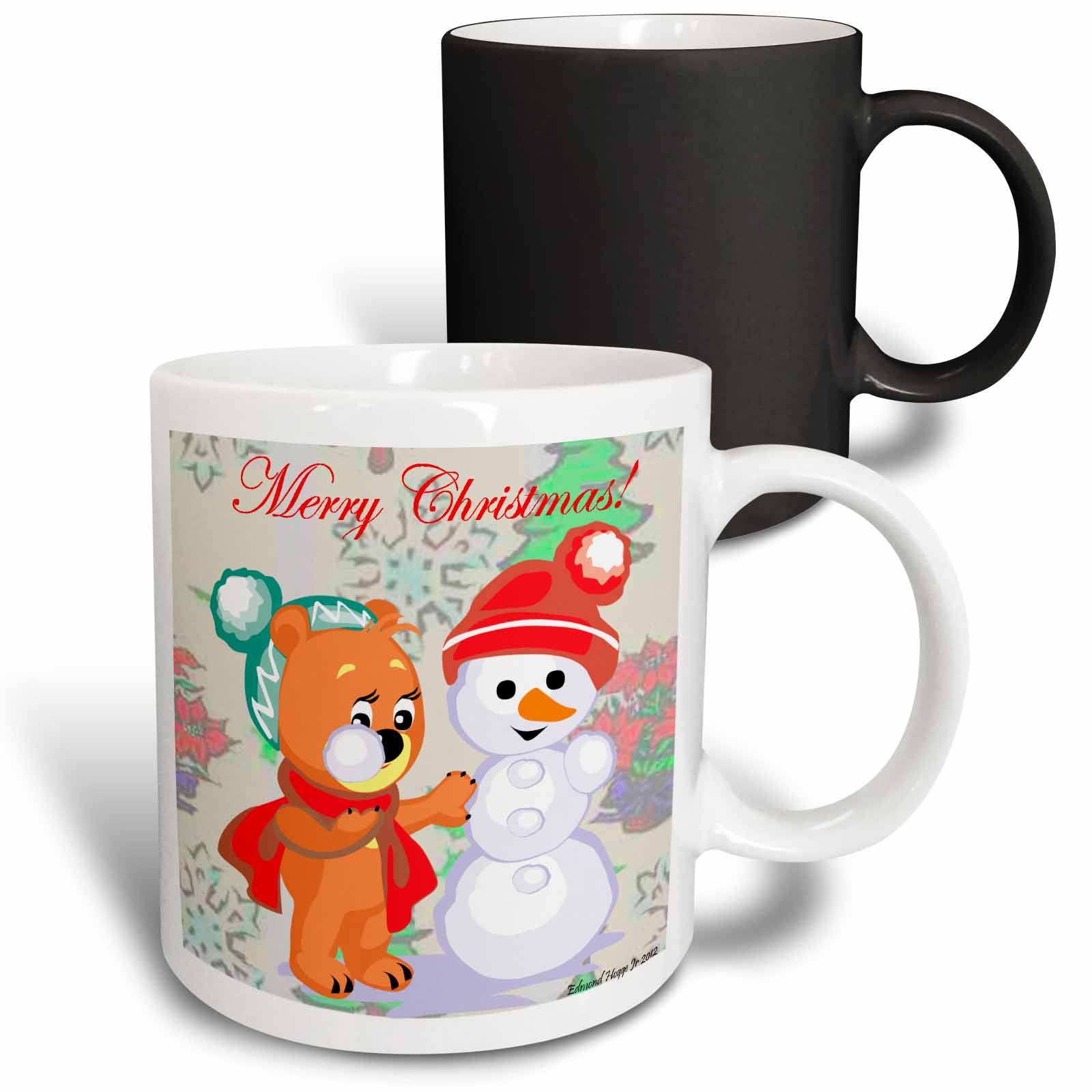 Two ceramic mugs, black and white; front shows bear, snowman, and 'Merry Christmas!'