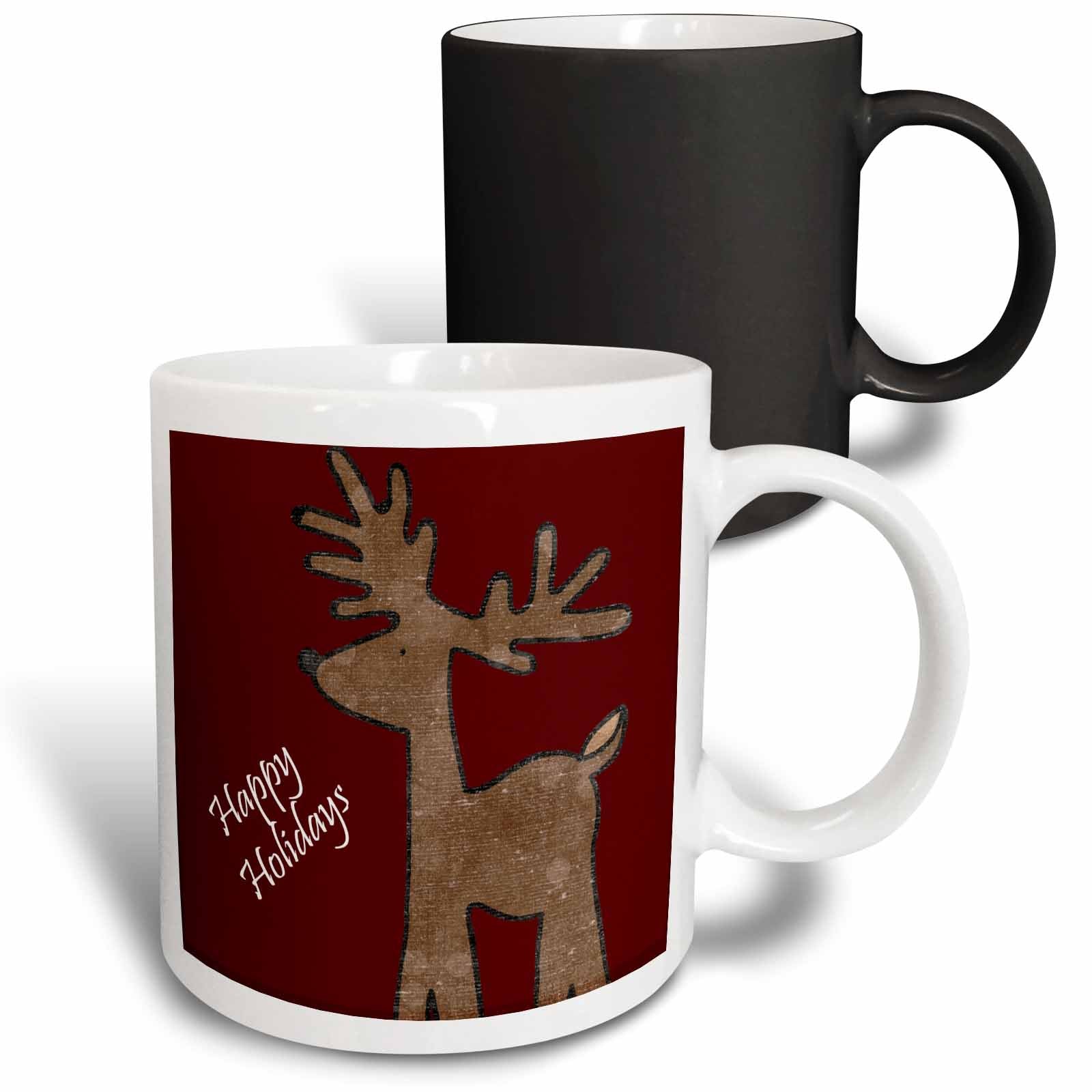 Two mugs stacked: white and black with reindeer graphic and “Happy Holidays”