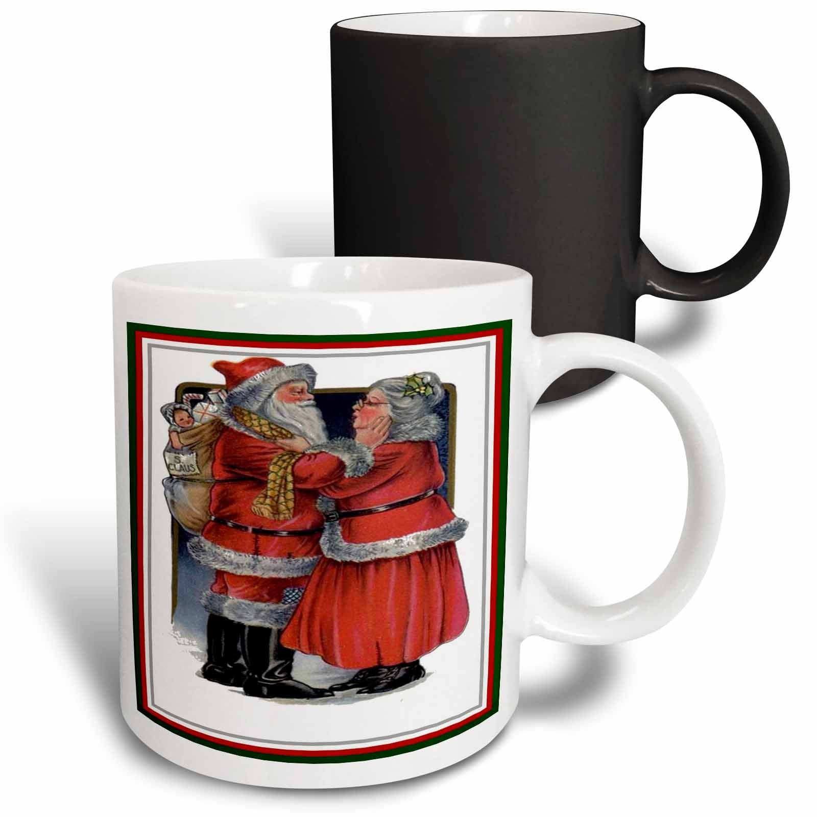 Two mugs: white graphic mug with Santa and Mrs Claus, and a black mug behind