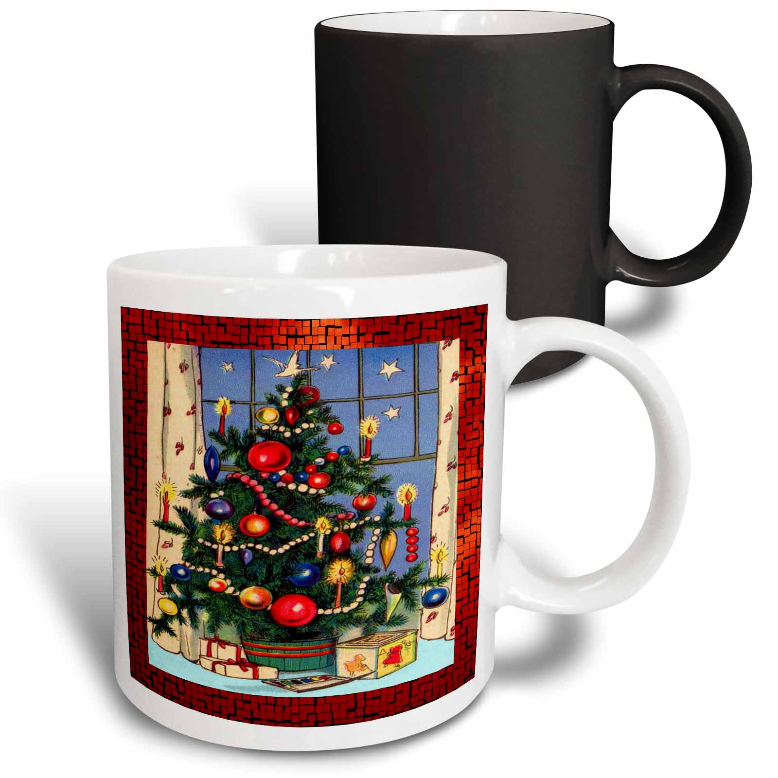Two-pack mugs: black and white with vintage Christmas tree scene and ornaments
