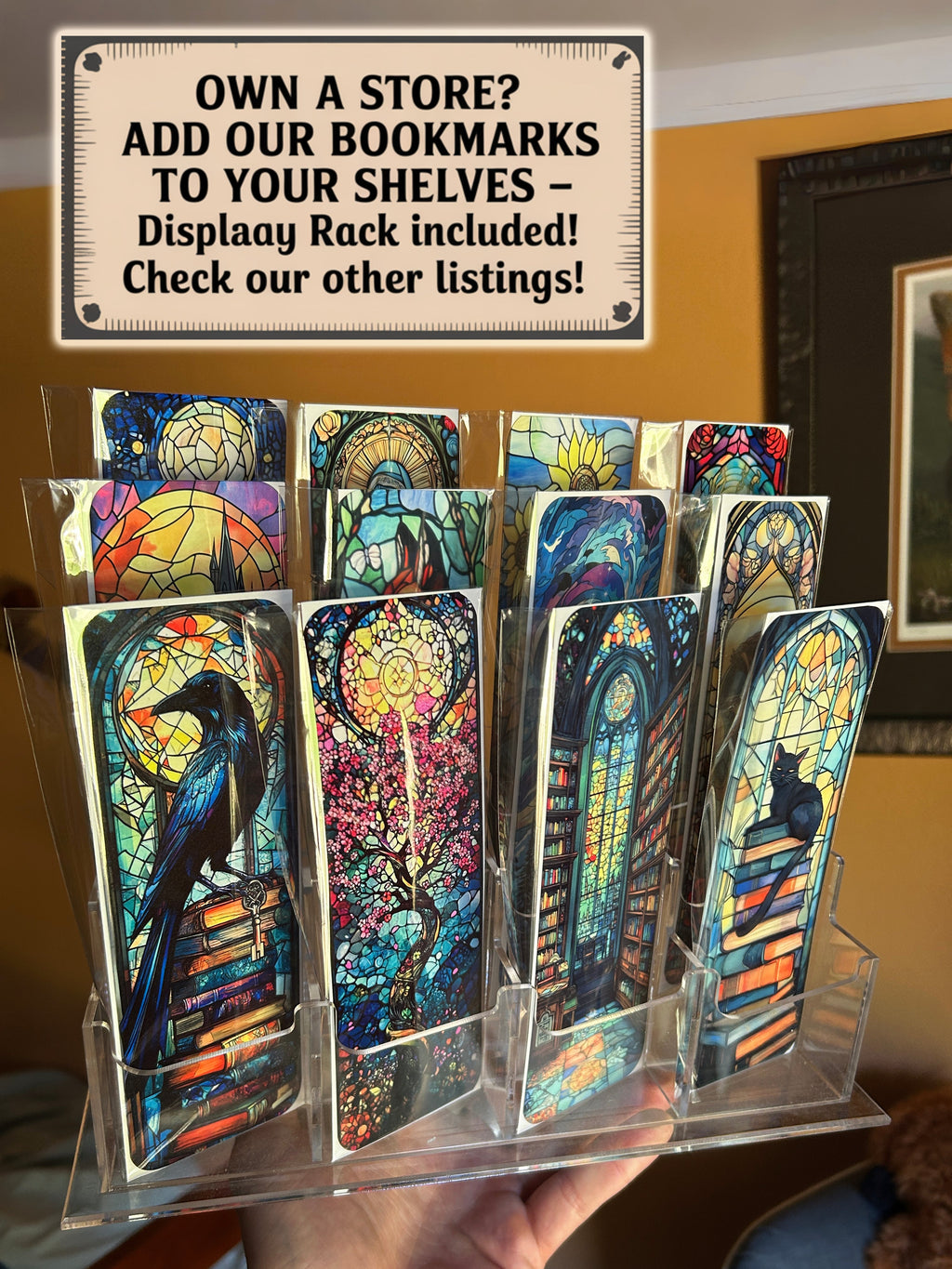 Display of stained-glass Christian bookmarks in clear holders with multiple designs