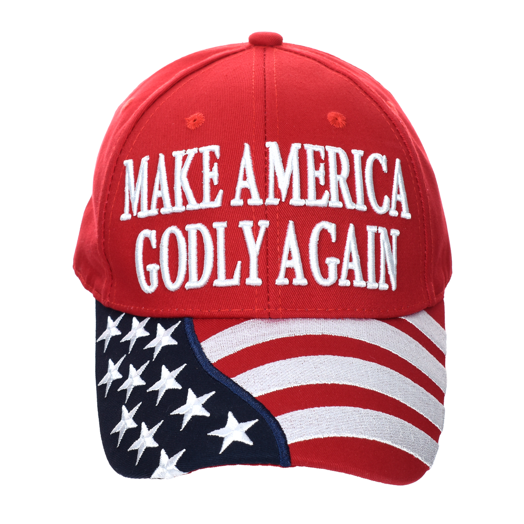 Red cotton twill cap with star-and-stripe flag panel and “Make America Godly Again” text