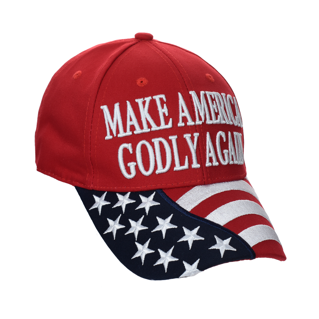 Red cotton twill cap with American flag panel and “Make America Godly Again” embroidery