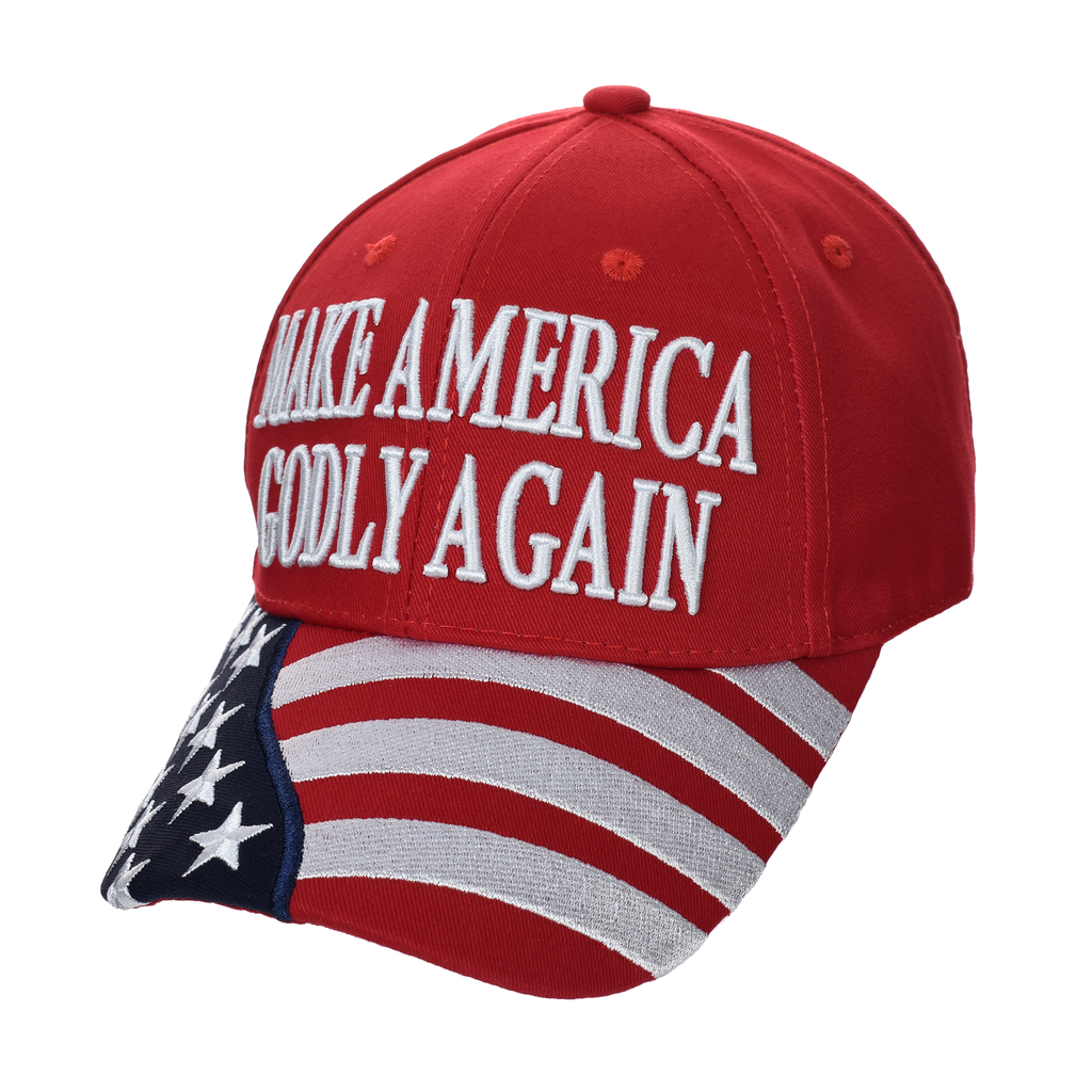 Red cotton twill cap with “Make America Godly Again” on back and striped flag brim