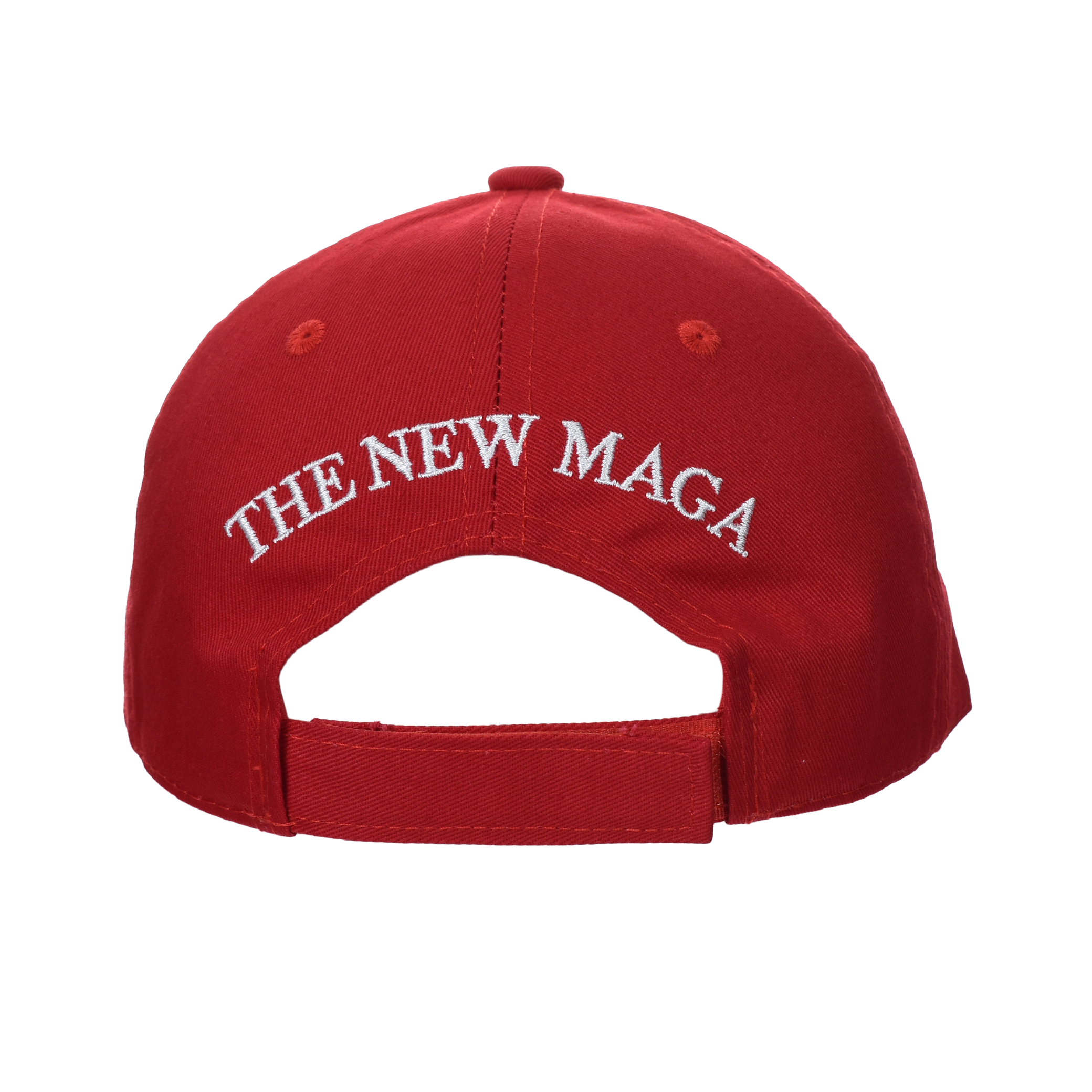 Red cotton twill cap with “THE NEW MAGA” embroidered on front