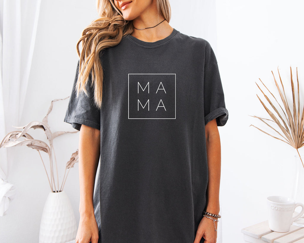 Charcoal gray Mama Comfort Colors T-shirt with square “MA MA” logo print at center chest