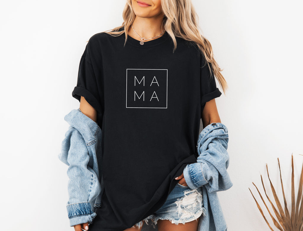 Black boxy T-shirt with outlined 'MA' square logo