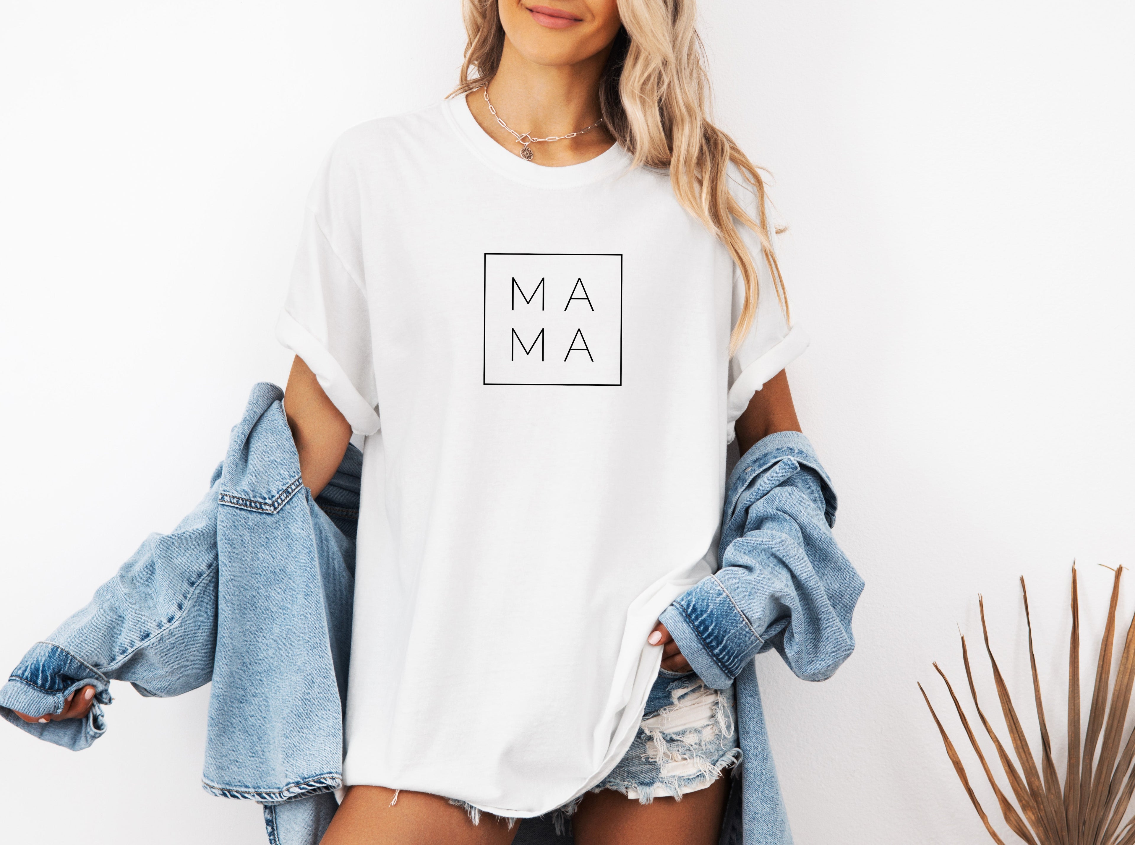 White Mama Comfort Colors T-shirt with square “MA MA” logo print at center chest