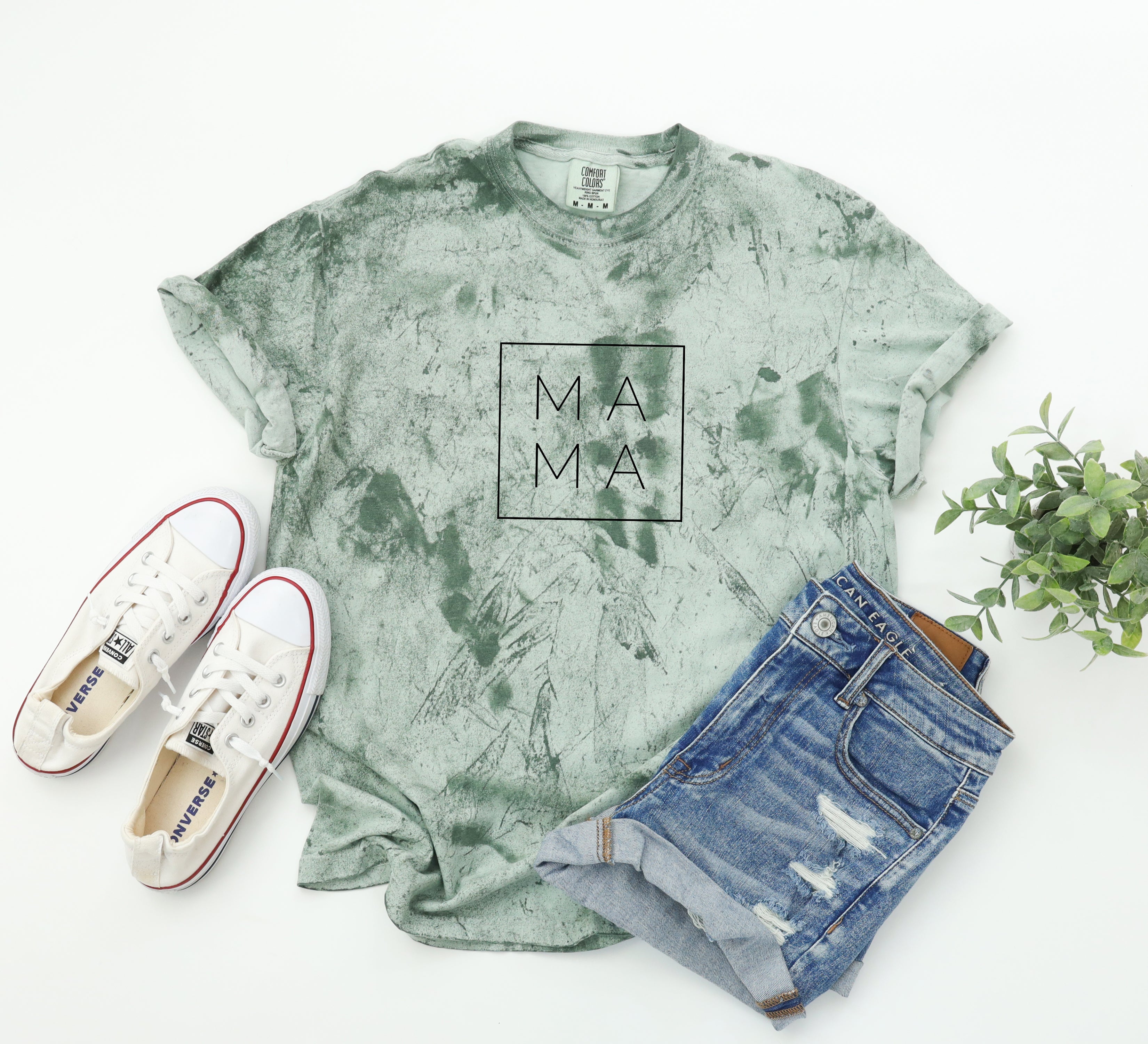 Sage green Mama Comfort Colors T-shirt with square “MA MA” logo print at center chest