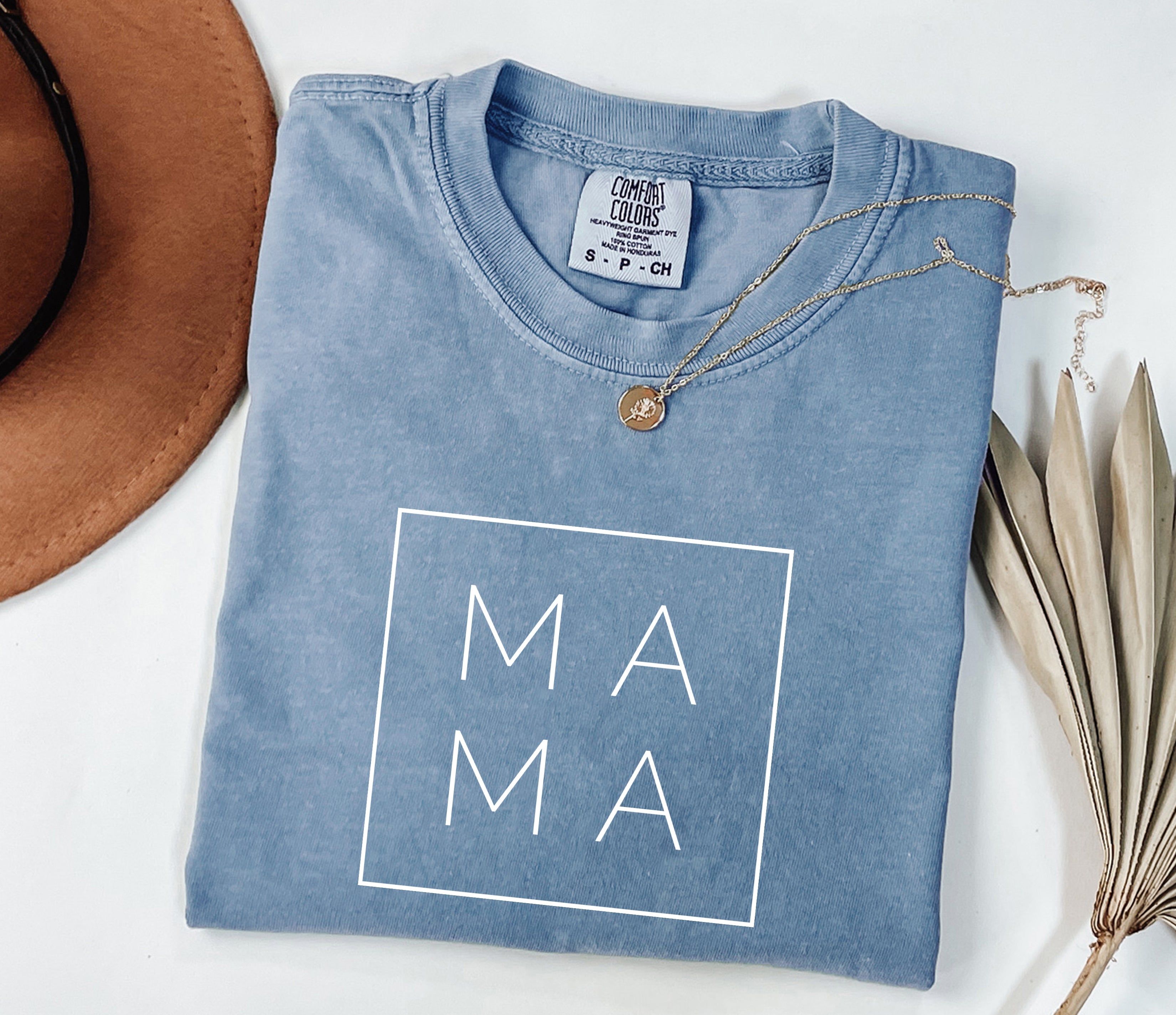 Blue Jean boxy T-shirt with outlined 'MA' square logo